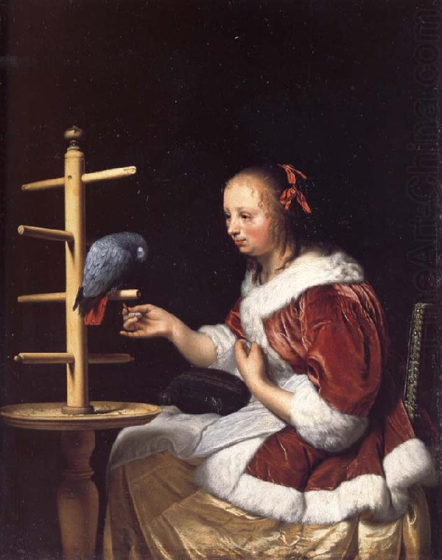 A Woman in a Red Jacket Feeding a Parrot, MIERIS, Frans van, the Elder